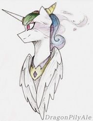 Size: 1241x1621 | Tagged: safe, artist:dragonpilyale, princess celestia, alicorn, pony, g4, idw, reflections, spoiler:comic, dark mirror universe, evil celestia, evil counterpart, female, jewelry, mare, mirror universe, peytral, simple background, smiling, solo, traditional art, white background