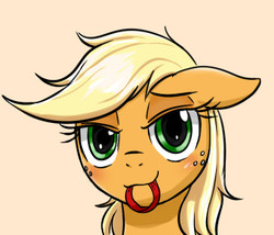 Size: 350x300 | Tagged: safe, artist:mingy.h, applejack, earth pony, pony, g4, bedroom eyes, blushing, bust, cute, female, floppy ears, freckles, hair tie, jackabetes, lidded eyes, looking at you, loose hair, mare, messy mane, mouth hold, pixiv, portrait, simple background, solo