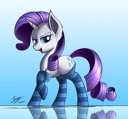 Size: 2200x2063 | Tagged: safe, artist:duskie-06, rarity, pony, unicorn, g4, chest fluff, clothes, ear fluff, female, high res, horn, mare, open mouth, raised hoof, reflection, socks, solo, striped socks