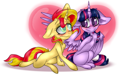 Size: 797x489 | Tagged: safe, artist:teeny16, sunset shimmer, twilight sparkle, alicorn, pony, unicorn, g4, blushing, colored pupils, cute, duo, eye contact, female, floppy ears, heart, hug, lesbian, lidded eyes, looking at each other, mare, ship:sunsetsparkle, shipping, simple background, sitting, smiling, spread wings, twilight sparkle (alicorn), white background, winghug