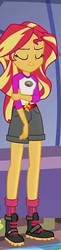 Size: 109x444 | Tagged: safe, screencap, sunset shimmer, equestria girls, g4, boots, camp everfree outfits, clothes, cropped, eyes closed, female, hand on elbow, shorts, socks, solo, sun