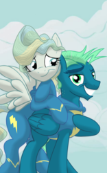 Size: 1200x1920 | Tagged: dead source, safe, artist:theroyalprincesses, sky stinger, vapor trail, pegasus, pony, g4, season 6, top bolt, clothes, cute, female, grin, leaning, looking at you, male, mare, mounting, raised hoof, ship:vaporsky, shipping, smiling, spread wings, stallion, straight, uniform, vaporbetes, wonderbolts uniform
