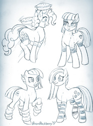Size: 756x1019 | Tagged: safe, artist:brianblackberry, limestone pie, marble pie, maud pie, pinkie pie, earth pony, pony, g4, clothes, female, food, jumping, monochrome, open mouth, pi day, pie, pie sisters, pronking, raised hoof, siblings, sisters, sketch, smiling, socks, striped socks