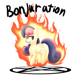 Size: 1000x1000 | Tagged: safe, artist:lyres-art, bon bon, sweetie drops, earth pony, pony, g4, :t, annoyed, bonpun, female, fire, floating, glare, looking back, mare, on fire, pentagram, pun, simple background, solo, transparent background, unamused, visual pun
