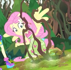 Size: 486x480 | Tagged: safe, screencap, bon bon, fluttershy, sweetie drops, equestria girls, g4, my little pony equestria girls: legend of everfree, camp fashion show outfit, clothes, female, high heels, ponied up, pony ears, skirt, vine, wings