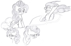 Size: 3282x2146 | Tagged: safe, artist:rmsaun98722, pinkie pie, g4, angry, artifact, female, grayscale, gritted teeth, high res, monochrome, roller coaster, sad, sketch, sketch dump, smiling, solo, tongue out, traditional art