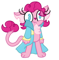 Size: 807x809 | Tagged: safe, artist:thefanficfanpony, pinkie pie, abyssinian, cat, anthro, g4, abyssinianized, big eyes, bipedal, blue eyes, chest fluff, clothes, coat, colored lineart, cute, eyelashes, female, leonine tail, no pupils, paws, pink fur, pink hair, pink tail, simple background, solo, species swap, standing, transparent background, wavy mouth