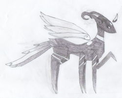 Size: 887x717 | Tagged: safe, artist:meanlucario, oc, oc only, golem, floating horn, floating wings, four eyes, horn, pencil drawing, raised hoof, simple background, solo, traditional art, white background