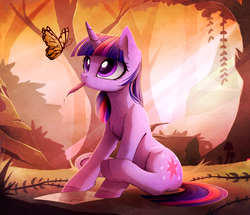 Size: 2254x1941 | Tagged: safe, artist:magnaluna, twilight sparkle, butterfly, pony, unicorn, chest fluff, commission, crepuscular rays, cute, drawing, eyelashes, eyes on the prize, female, fluffy, forest, ink, looking at something, looking up, mare, mouth hold, nature, paper, quill, sitting, solo, twiabetes, unicorn twilight, unshorn fetlocks