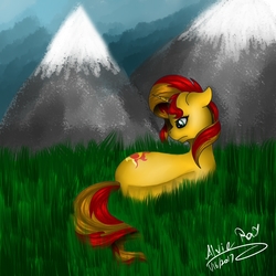 Size: 1000x1000 | Tagged: safe, artist:egyptin, sunset shimmer, pony, unicorn, g4, female, floppy ears, grass, meadow, mountain, on side, solo