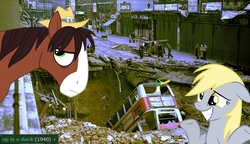 Size: 746x430 | Tagged: safe, derpy hooves, trouble shoes, duck, earth pony, pegasus, pony, derpibooru, g4, london, meta, op is a duck, op is a duck (reaction image), reaction image, tags, the blitz, world war ii