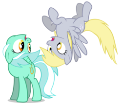 Size: 970x824 | Tagged: safe, artist:mr flabbergasted, derpy hooves, lyra heartstrings, pegasus, pony, unicorn, g4, cross-eyed, flying, horn, looking at each other, ouch, shocked, simple background, smiling, spread wings, surprised, transparent background, upside down, vector, wings