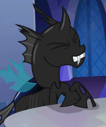 Size: 378x455 | Tagged: safe, screencap, changeling, g4, season 6, to where and back again, animated, cropped, cute, cuteling, eyes closed, gif, grin, hoofy-kicks, party soft, smiling, solo, spread wings