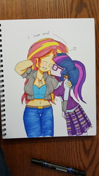 Size: 1080x1920 | Tagged: safe, artist:missmayaleanne, sci-twi, sunset shimmer, twilight sparkle, equestria girls, g4, alternate clothes, belly button, blushing, breasts, busty sunset shimmer, cheek kiss, cleavage, clothes, crystal prep academy uniform, eyes closed, female, heart, kissing, lesbian, marker, marker drawing, midriff, school uniform, ship:sci-twishimmer, ship:sunsetsparkle, shipping, skirt, traditional art