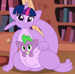 Size: 2764x2710 | Tagged: safe, alternate version, artist:badumsquish, derpibooru exclusive, spike, twilight sparkle, kangaroo, kangaroonicorn, g4, badumsquish strikes again, book, chubby, cute, female, high res, joey, looking at you, mama twilight, pouch, sitting, smiling, species swap, sultry pose