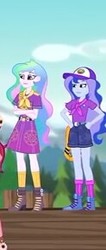 Size: 123x289 | Tagged: safe, screencap, gloriosa daisy, princess celestia, princess luna, principal celestia, vice principal luna, equestria girls, g4, my little pony equestria girls: legend of everfree, boots, camp everfree outfits, cap, clothes, crossed arms, hand on hip, hat, high heel boots, lifejacket, picture for breezies, pier, sash, scarf, shorts, skirt, socks