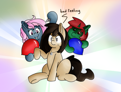 Size: 2638x2007 | Tagged: safe, artist:lou, oc, oc only, oc:acid poison, oc:juicy dream, oc:louvely, pony, balloon, balloon popping, bully, bullying, fear, globophobia, high res, jewelry, necklace, phobia, popping, sweat