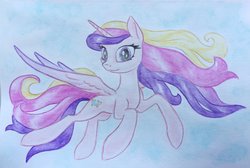 Size: 1024x688 | Tagged: safe, artist:grokostimpy, princess cadance, alicorn, pony, g4, female, missing accessory, simple background, smiling, solo, spread wings, traditional art