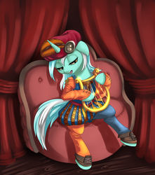 Size: 1488x1683 | Tagged: safe, artist:dankflank, lyra heartstrings, pony, unicorn, g4, bard, clothes, crossover, drawthread, fantasy class, female, hat, lyre, mare, music, musical instrument, priscilla, singing, sitting, solo, the witcher, the witcher 3