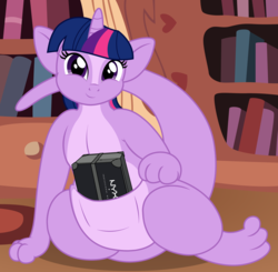 Size: 2764x2710 | Tagged: safe, alternate version, artist:badumsquish, derpibooru exclusive, twilight sparkle, kangaroo, kangaroonicorn, g4, book, chubby, female, high res, looking at you, nyx cosmetics, pouch, pun, sitting, smiling, solo, species swap, sultry pose, visual pun