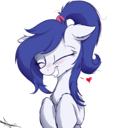 Size: 1024x1024 | Tagged: safe, artist:aurelleah, oc, oc only, oc:rescue pony, pony, aurelleah is trying to murder us, blushing, bust, chest fluff, cute, ear fluff, eyes closed, floppy ears, fluffy, happy, heart, ocbetes, ponytail, simple background, smiling, solo, transparent background, weapons-grade cute