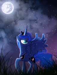 Size: 1080x1414 | Tagged: safe, artist:zidanemina, princess luna, g4, female, mare in the moon, moon, night, raised hoof, snow, snowfall, solo, spread wings, stars