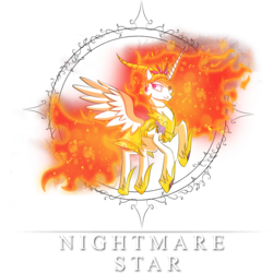 Size: 2796x2798 | Tagged: safe, artist:zidanemina, nightmare star, princess celestia, alicorn, pony, g4, armor, enterplay, female, flying, high res, mane of fire, mare, merchandise, simple background, smiling, solo, trading card game, transparent background