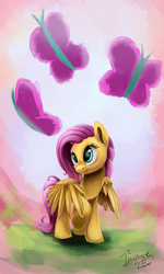 Size: 1078x1792 | Tagged: safe, artist:insanerobocat, fluttershy, butterfly, pony, g4, cute, cutie mark, female, raised hoof, shyabetes, signature, smiling, solo, turned head