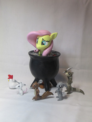 Size: 1000x1333 | Tagged: safe, artist:earthenpony, fluttershy, chicken, ferret, mouse, pony, rabbit, squirrel, g4, magical mystery cure, cauldron, craft, fork, knife, person as food, photo, scene interpretation, sculpture, spoon, traditional art