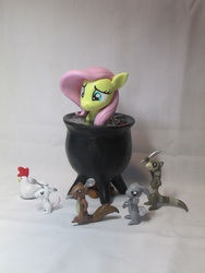 Size: 1000x1333 | Tagged: safe, artist:earthenpony, fluttershy, chicken, ferret, mouse, pony, rabbit, squirrel, g4, magical mystery cure, my little pony: friendship is magic, cauldron, craft, fork, knife, person as food, photo, scene interpretation, sculpture, spoon, traditional art