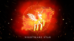 Size: 3840x2160 | Tagged: safe, artist:zidanemina, nightmare star, princess celestia, alicorn, pony, g4, female, flying, high res, mane of fire, mare, solo, wallpaper