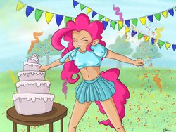 Size: 1024x768 | Tagged: safe, artist:yukikosegawa, pinkie pie, human, g4, belly button, clothes, eyes closed, female, humanized, midriff, party, party horn, pleated skirt, short shirt, skirt, solo, tailed humanization