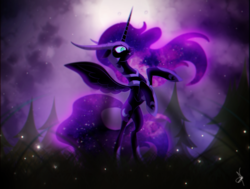 Size: 2851x2160 | Tagged: safe, artist:zidanemina, nightmare moon, alicorn, firefly (insect), pony, g4, fangs, female, floppy ears, forest, high res, night, raised hoof, raised leg, rearing, solo, spread wings, stars