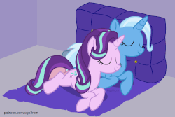 Size: 750x500 | Tagged: safe, artist:age3rcm, starlight glimmer, trixie, pony, unicorn, g4, animated, commission, cute, daaaaaaaaaaaw, diatrixes, duo, ear flick, eyes closed, female, gif, glimmerbetes, hnnng, lesbian, pony pillow, ship:startrix, shipping, show accurate, sleeping, weapons-grade cute