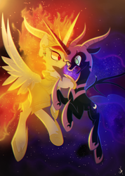 Size: 1200x1682 | Tagged: safe, artist:andypriceart, artist:zidanemina, nightmare moon, nightmare star, princess celestia, alicorn, pony, g4, fight, floppy ears, flying, frown, open mouth, stars, twilight (astronomy)