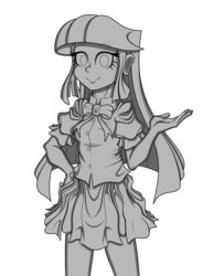 Size: 744x1011 | Tagged: safe, artist:pedantczepialski, part of a set, twilight sparkle, equestria girls, g4, alternate universe, black and white, clothes, eqg promo pose set, eqg promo pose set 2.0, equestria girls: the parody series, female, grayscale, looking at you, monochrome, petrification, simple background, skirt, solo, statue, transparent background