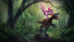 Size: 6330x3561 | Tagged: safe, artist:zilvart, pinkie pie, dinosaur, earth pony, pony, g4, absurd resolution, cute, female, forest, happy, jumping, jurassic park, mare, missing cutie mark, open mouth, scenery, signature, solo