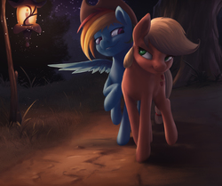 Size: 2583x2160 | Tagged: safe, artist:starblaze25, applejack, rainbow dash, earth pony, pegasus, pony, g4, accessory swap, backlighting, complex background, cowboy hat, dirt road, female, grass, hat, high res, lamppost, lesbian, lidded eyes, looking at each other, mare, mood lighting, night, outdoors, scenery, shading, shadow, ship:appledash, shipping, smiling, spread wings, starry night, stars, stetson, tree, tree trunk, wings