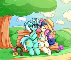 Size: 3000x2520 | Tagged: safe, artist:graphene, bon bon, lyra heartstrings, sweetie drops, earth pony, pony, unicorn, g4, adorabon, bench, cloud, commission, cute, eating, female, floppy ears, flower, food, grass, hat, high res, ice cream, lesbian, licking, looking at each other, lyrabetes, meme, one eye closed, ship:lyrabon, shipping, sitting, sitting lyra, smiling, sun hat, tongue out, tree, wink