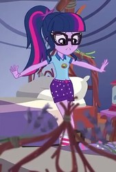 Size: 305x451 | Tagged: safe, screencap, sci-twi, twilight sparkle, equestria girls, g4, my little pony equestria girls: legend of everfree, arms spread out, camp everfree outfits, clothes, female, glasses, looking down, pants, ponytail, socks, solo