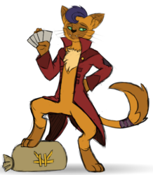 Size: 800x916 | Tagged: safe, artist:waktrash, capper dapperpaws, abyssinian, cat, anthro, digitigrade anthro, g4, my little pony: the movie, bedroom eyes, chest fluff, clothes, coat, handsome, lidded eyes, male, money bag, paws, seductive, seductive look, seductive pose, sexy, simple background, solo, stupid sexy capper, transparent background