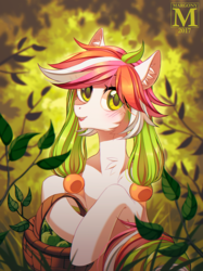 Size: 896x1200 | Tagged: safe, artist:margony, oc, oc only, oc:apple garden, pony, apple, art trade, basket, blushing, female, food, leaf, looking at you, mare, multicolored hair, smiling, solo