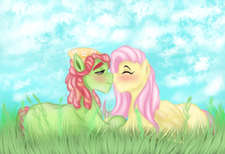 Size: 950x650 | Tagged: safe, artist:anxiousshadowpetals, fluttershy, tree hugger, g4, blushing, boop, female, lesbian, meadow, noseboop, ship:flutterhugger, shipping