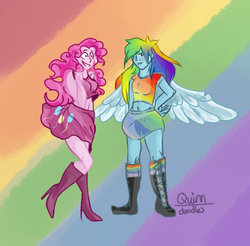 Size: 504x495 | Tagged: safe, artist:potatoparty842, pinkie pie, rainbow dash, human, g4, belly button, boots, clothes, high heel boots, high heels, humanized, midriff, pony coloring, rainbow background, short shirt, skirt, skirt lift, thighs, winged humanization, wings