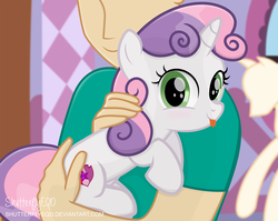Size: 2467x1961 | Tagged: safe, artist:shutterflyeqd, sweetie belle, human, pony, g4, :p, blushing, clothes, cute, diasweetes, duo, female, filly, foal, hand on butt, holding a pony, horn, human on pony snuggling, looking at you, mannequin, mlem, petting, shirt, smiling, snuggling, the cmc's cutie marks, tongue out