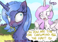Size: 4823x3445 | Tagged: safe, artist:darkest-lunar-flower, princess celestia, princess luna, alicorn, pony, g4, :t, absurd resolution, angry, blushing, caught, chest fluff, cute, eating, female, fluffy, frown, glare, gulp, hay, hay bale, herbivore, horses doing horse things, looking back, lunabetes, mare, open mouth, pink-mane celestia, puffy cheeks, s1 luna, wide eyes, younger