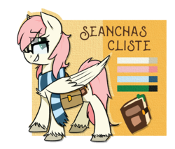 Size: 3106x2663 | Tagged: safe, artist:themodpony, oc, oc only, oc:seanchas cliste, book bag, chest fluff, clothes, commission, cutie mark, glasses, green eyes, high res, pink hair, reference sheet, scarf, solo, unshorn fetlocks