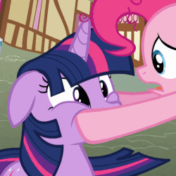 Size: 502x503 | Tagged: safe, screencap, pinkie pie, twilight sparkle, earth pony, pony, unicorn, g4, wonderbolts academy, animated, cute, duo, eye contact, female, floppy ears, frown, gif, hoof hold, looking at each other, open mouth, squishy cheeks, talking, wide eyes, worried