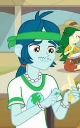 Size: 676x1078 | Tagged: safe, screencap, captain planet, sweet leaf, equestria girls, g4, my little pony equestria girls, background human, banana, cropped, food, smiling