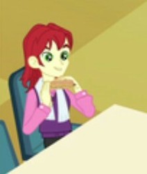 Size: 225x265 | Tagged: safe, screencap, nolan north, equestria girls, g4, chair, food, male, sandwich, smiling, solo, table